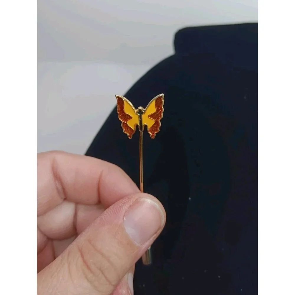 Vintage Red Yellow Enamel Butterfly Hat Stick Or Lapel Pin Goldtone